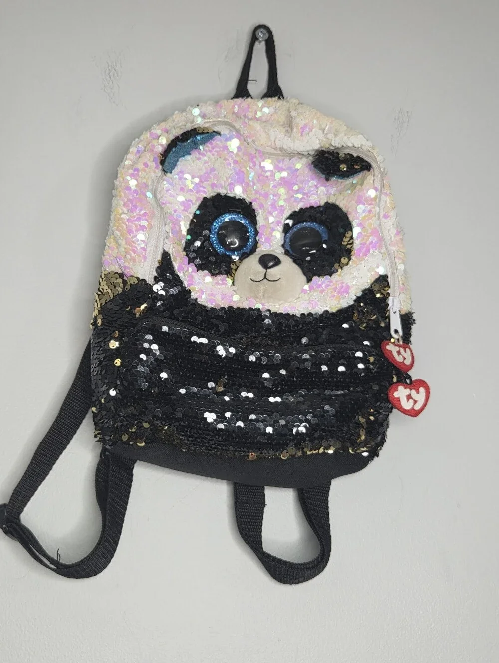 Ty Sequin Panda Kids Backpack - Black & Pink Iridescent